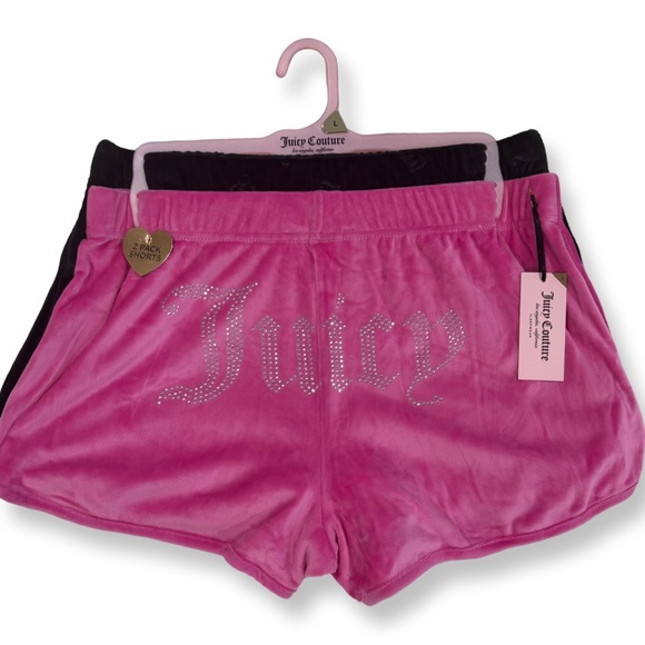 JUICY COUTURE VELOUR SHORTS LOUNGEWEAR RHINESTONES PINK BLACK SIZE LARGE Y2K